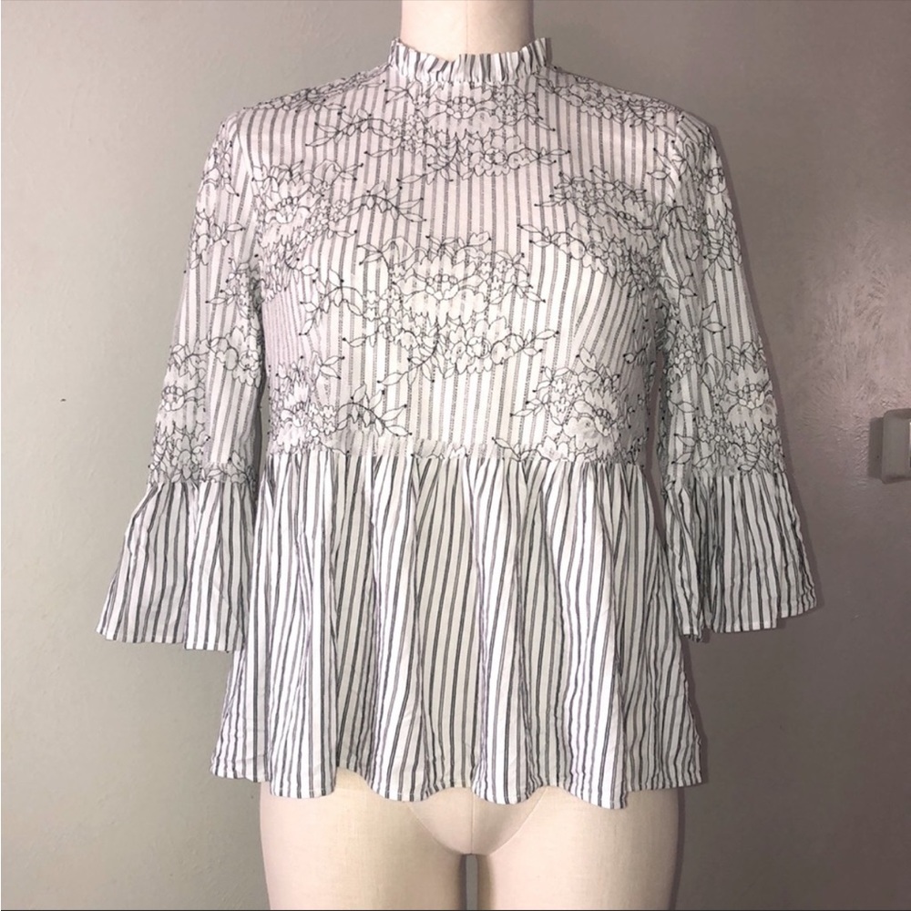 Zara Romantic Lace Striped Ruffle Blouse S